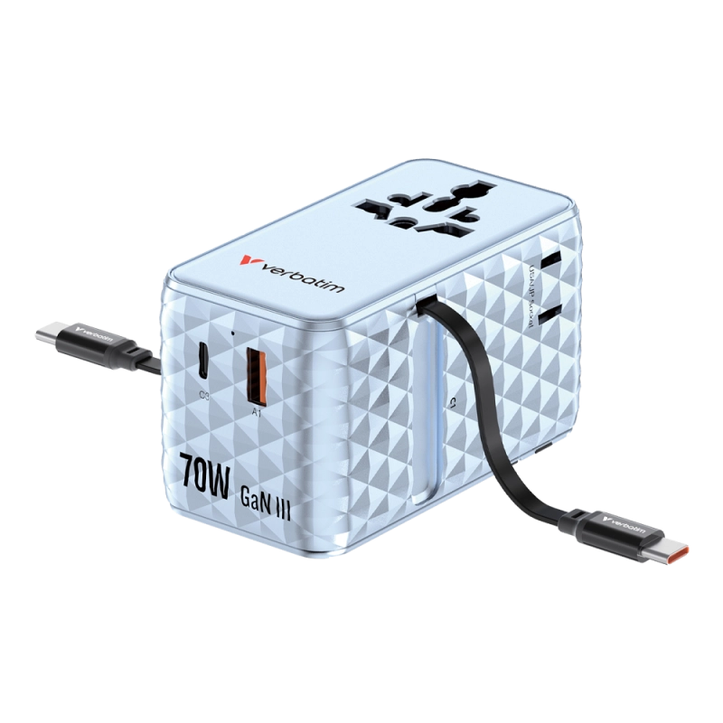 VERB ADAPTATEUR TRAVEL 70W 2C RETRACTABLE BLUE